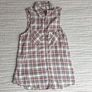 MUDD SLEEVELESS PLAID SHIRT PINK GRAY CHECKED COTTON BUTTON UP TANK TOP MEDIUM